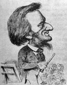 Wagner op een cartoon uit 1873, die hem met overdreven Joodse trekken afbeeldt.