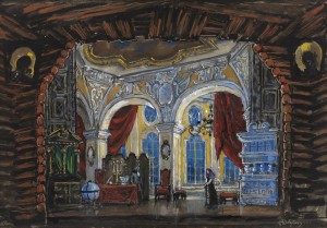 Ontwerp voor het decor van de tweede akte door Mstislav Valerianovich Dobuzhinsky (1875–1957).