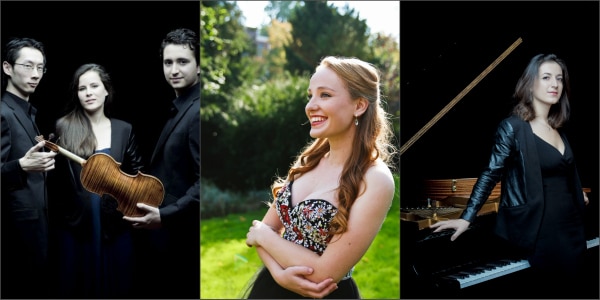 Het Amatis Piano Trio, sopraan Laetitia Gerards en pianiste Sophiko Simsive. (© Marco Borggreve en Emma Peijnenburg)