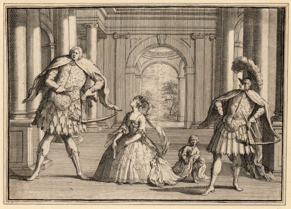 Karikatuur van een voorstelling van Händels Flavio, met rechts de castraat Gaetano Berenstadt, in het midden Francesca Cuzzoni en links Senesino.