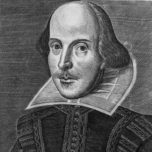 Shakespeare (1564-1616) op een portret van Martin Droeshout.
